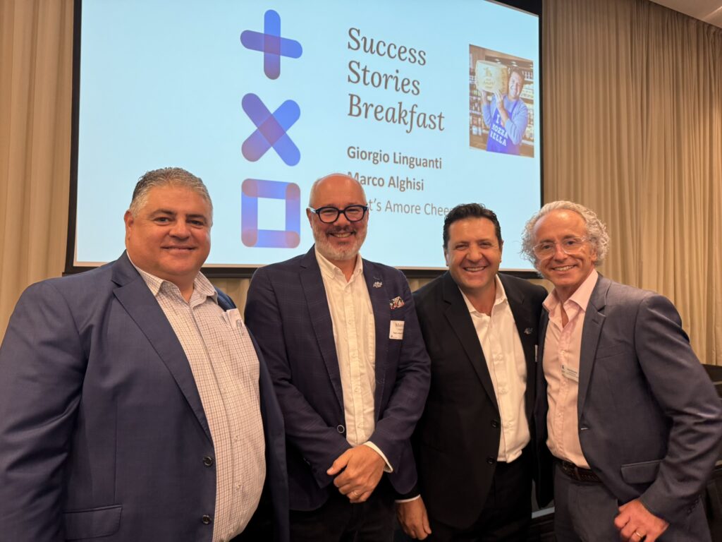 Photo of Matthews Steer Partner Adrian Misiano with Giorgio Linguanti and Marco Alghisi from That's Amore Cheese, and Eddy Boscariol from NORTH Link at the Success Stories Breakfast